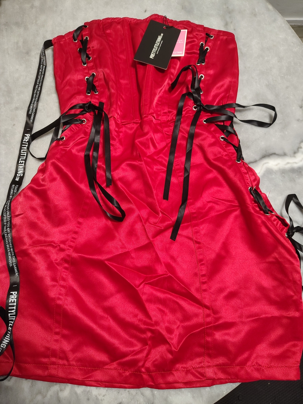 PrettyLittleThing Red Satin Lace-Up Kids One Piece - Picture 2 of 4